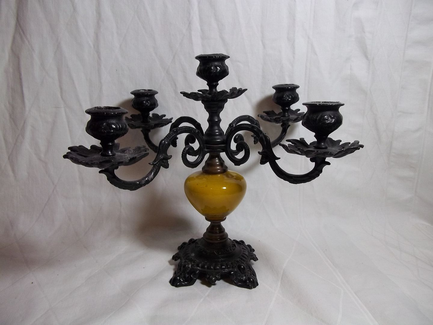 Vintage WROUGHT IRON & GLASS GLOBE CANDELABRA Table Candle Holder old
